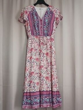 Boho Floral Midi Dress Short Flutter Sleeves Elastic Waist Tiered Ruffle Skirt